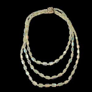 Vtg 50s Yellow Green Aurora Borealis Crystal Necklace 3 Strand Art Deco Style 18